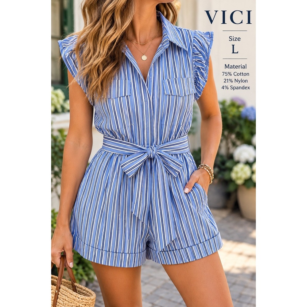 VICI Blue White Striped Romper Large Button Front Tie Waist Flutter Sleeve